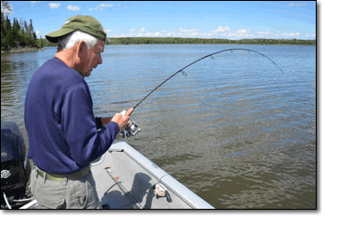 Bud Davis tussling with a Canadian walleye.